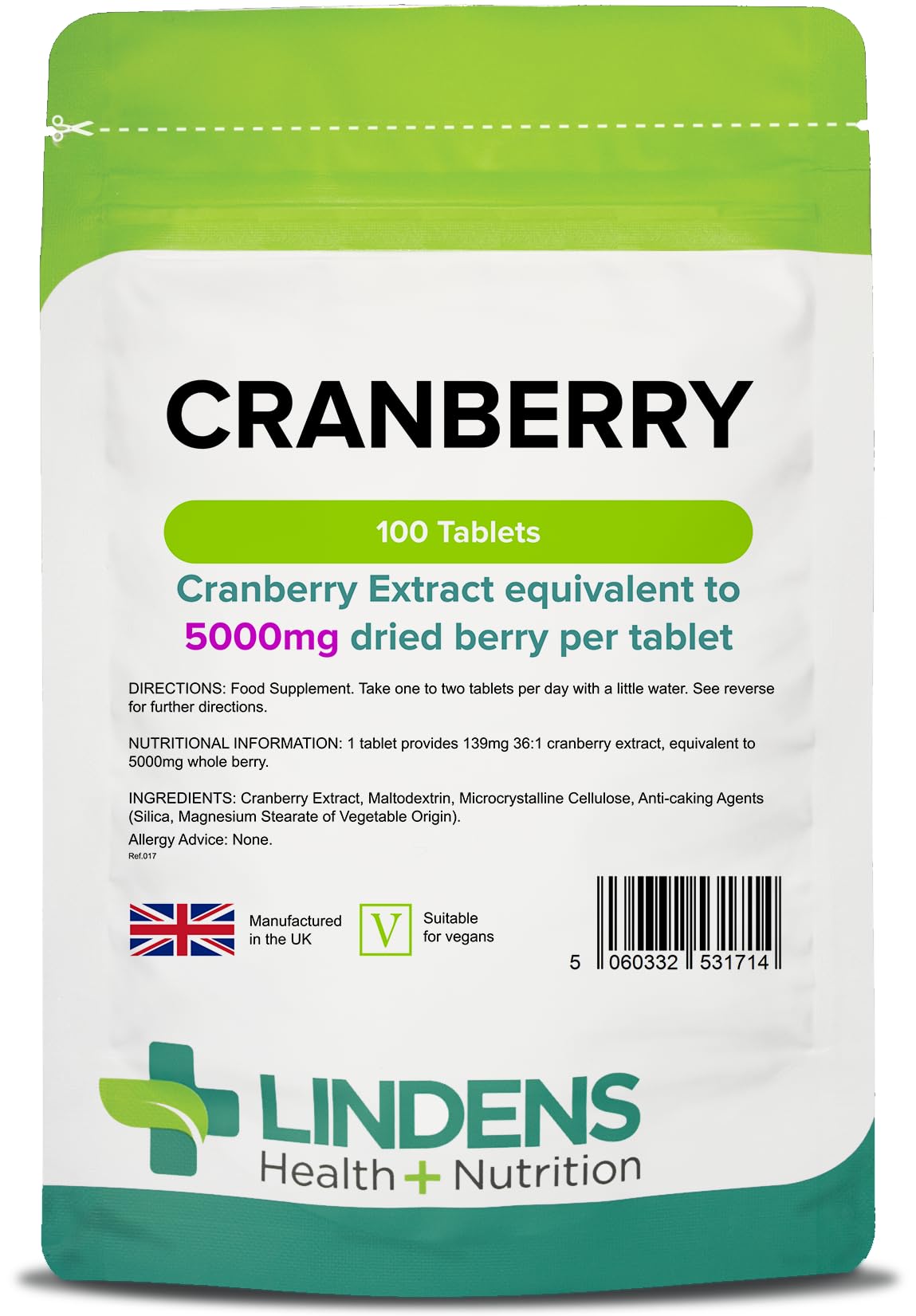 Lindens - Cranberry Juice 5000mg - 100 Tablets - UK Made - Rich in Polyphenols and Antioxidants - Urinary Health Support, Popular with Women - Letterbox Friendly