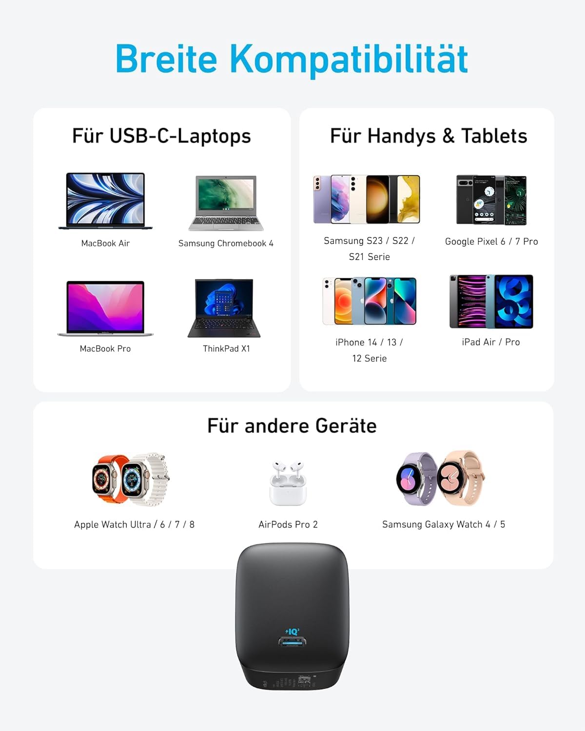 Anker 67W USB C Ladegerät, kompaktes Netzteil mit PIQ 3.0, für MacBook Air, iPhone 17/16/15 Series, iPad, Galaxy und mehr (USB-C Kabel enthalten) 6