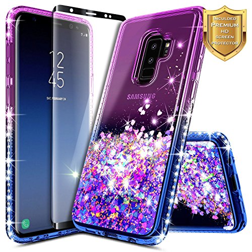 Galaxy S9 Plus Case w/[Full Coverage Screen Protector HD], NageBee Glitter Liquid Quicksand Floating Shiny Sparkle Flowing Bling Diamond Luxury Clear Cute Case for Samsung Galaxy S9 Plus -Purple/Blue