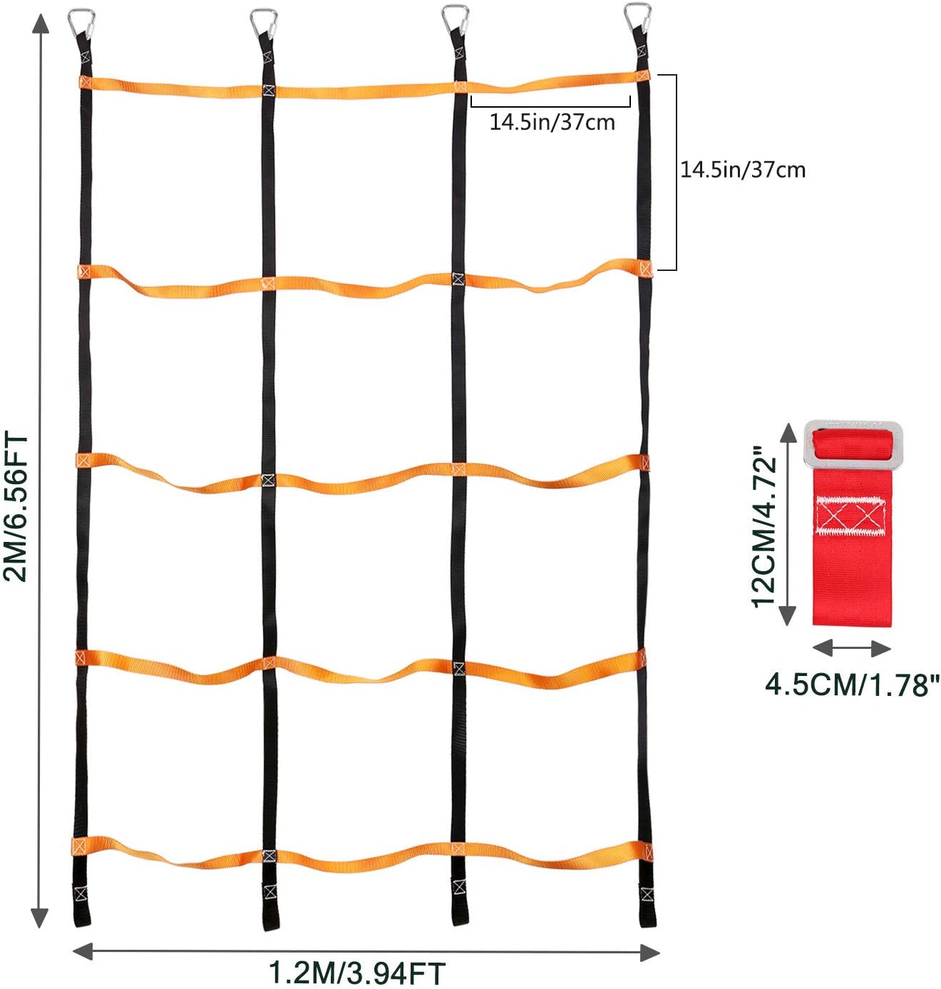 Odoland 3.9ftx6.6ft Ninja Net Climbing Cargo Net Rope Ladder for Kids Outdoor with 4 Square Buckles and 4 Delta Rings, Obstacle Course for Training Equipment and Swing Set Attachment : Sports & Outdoors