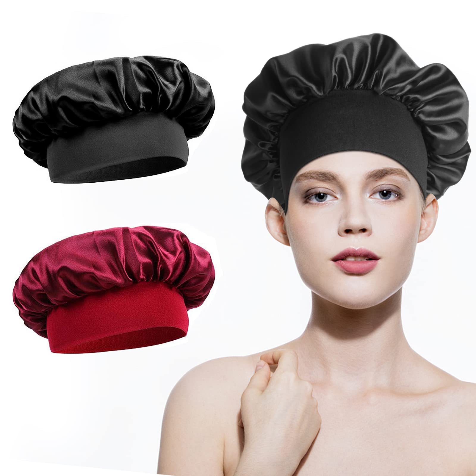 YEEWA 2 PCS Satin Bonnet Sleep Cap - Satin Silk Bonnets Elastic Wide Band Hat Soft Sleeping Head Cover for Women, Adjustable Satin Cap for Braids Natural Long Hair, Curly Hair, black, burgundy