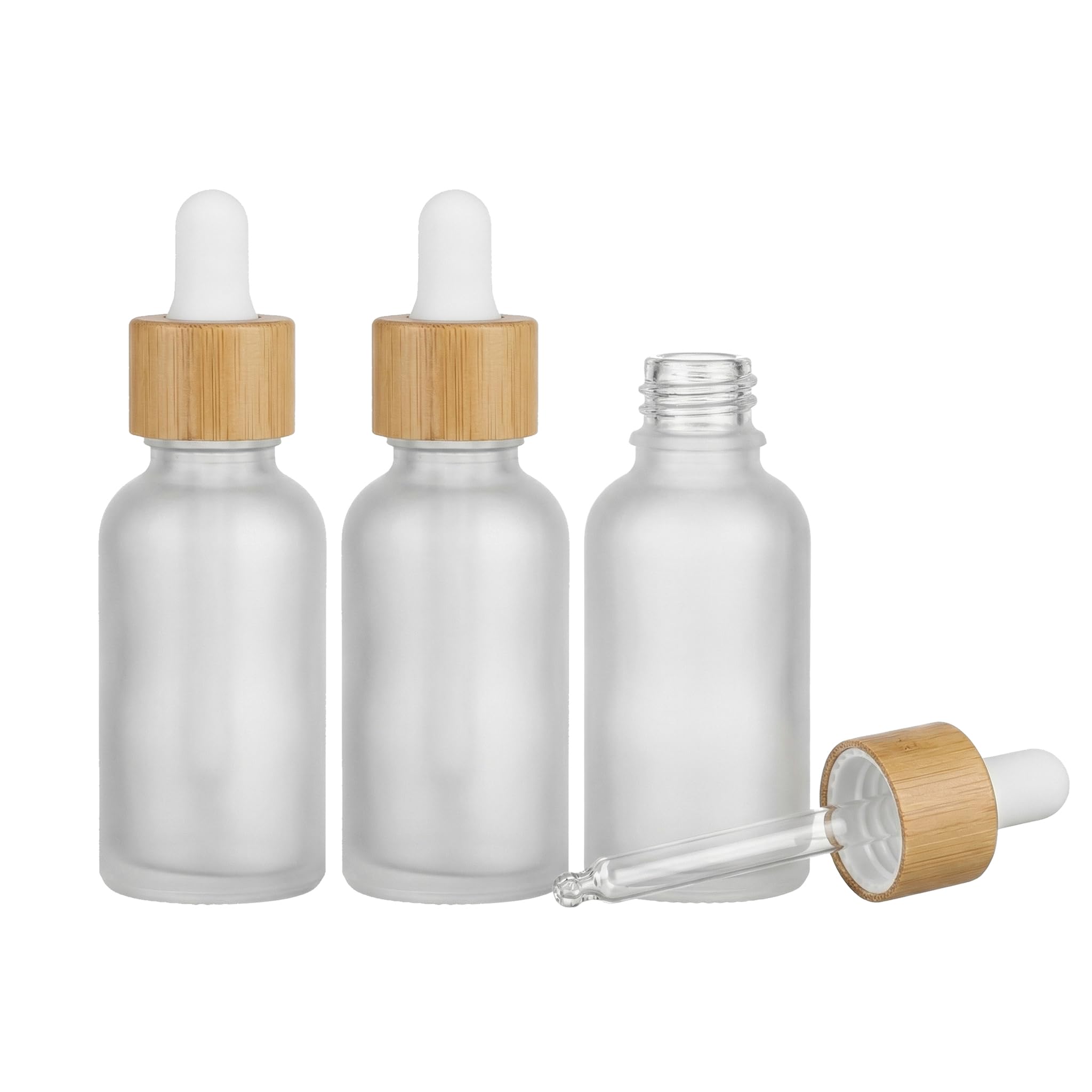 Happyupcity 3PCS 30ML 1oz Empty Clear Glass Essential Oil Dropper Bottles Jars Vials with Eye Glass Dropper and Bamboo Head Cosmetic Makeup Storage Containers Perfume Travel Holder Dispenser