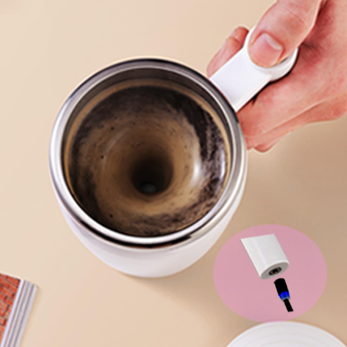 JINBIXIN Self Stirring Coffee Mug Rechargeable Auto Magnetic Coffee Cup with 2Pc Stir Bar Mixing Milk/Fiber Supplement/Cocoa/Every Powders Gift-White