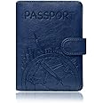 Passport Holder Leather Travel Wallet - RFID Blocking Passport Cover with Magnetic Button for Women Men By Talent (Blue - Map)