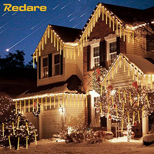Redare Meteor Shower Rain Lights,50cm 8 Tubes 288 LEDs rain drop lights Waterproof,Cascading Rain Light,Icicle Snowfall String Lights for Garden Wedding Holiday Party Tree Decoration (Warm White)