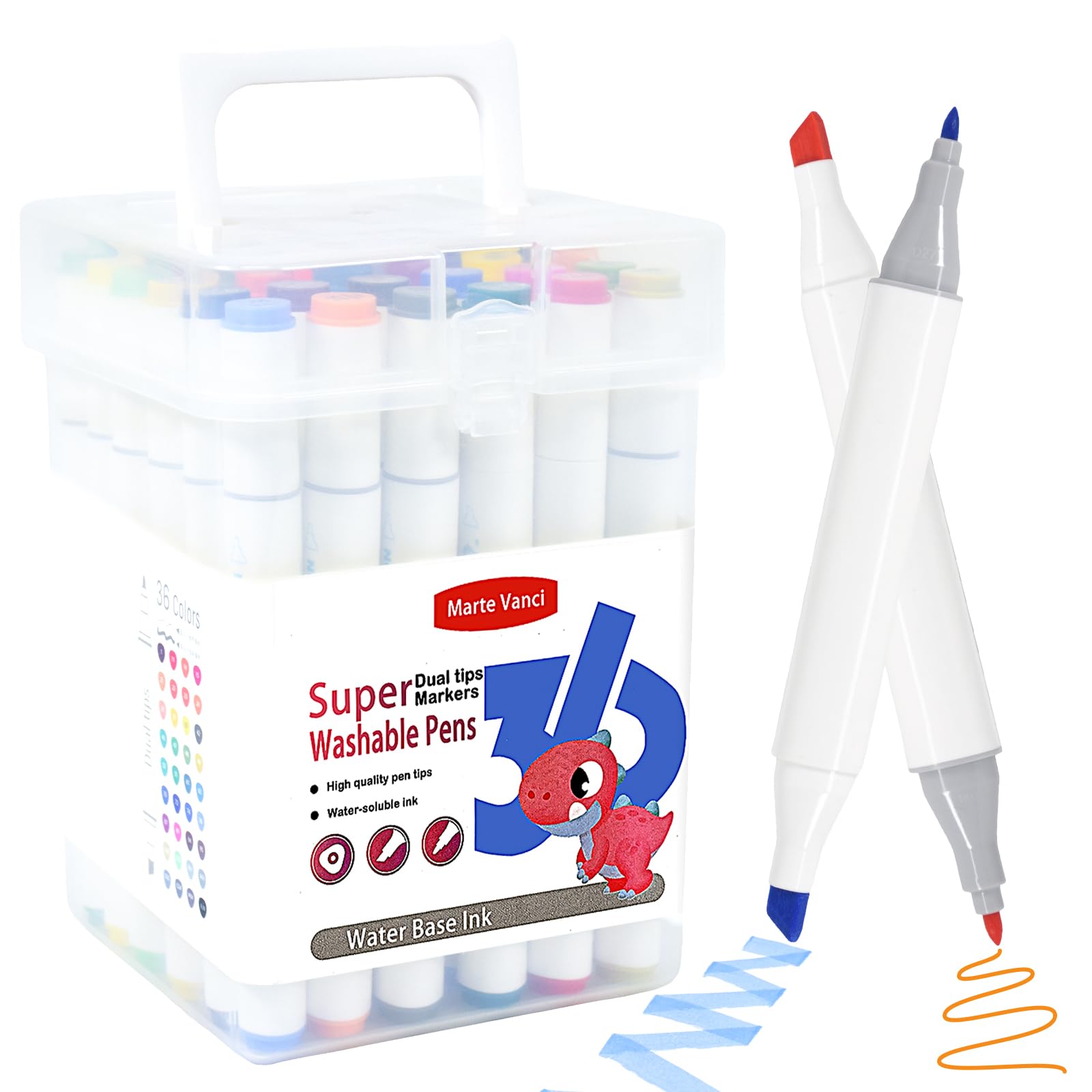 Marte Vanci Super Washable Felt Tip Pens for Children, Dual Tip Colouring Pens for Kids, Fine & Chisel Nib, 36 Colours Washable Marker Set Water-Based with Carry Case for Colouring Books Drawing Gift