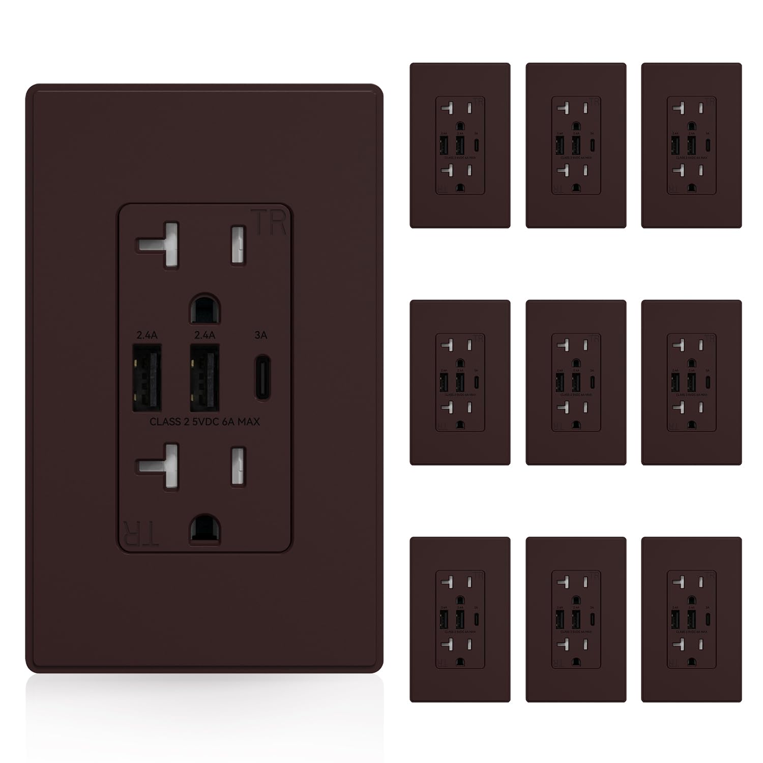 ELEGRP USB Outlets Receptacles, 3-Port Wall Outlet, 30W 6.0A Electrical Outlet, 20 Amp Tamper-Resistant Outlet with Type C Ports, UL Listed, Wall Plate Included, 10 Pack, Matte Brown Image