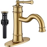 NAUKWAN Brushed Gold Bathroom Sink Faucet, Single Handle 1 or 3 Hole Vanity Basin Faucets with Deck Plate, Vintage Long Spout Solid Brass Faucet for Sink with Pop-up Drain Assembly NL-2201BG
