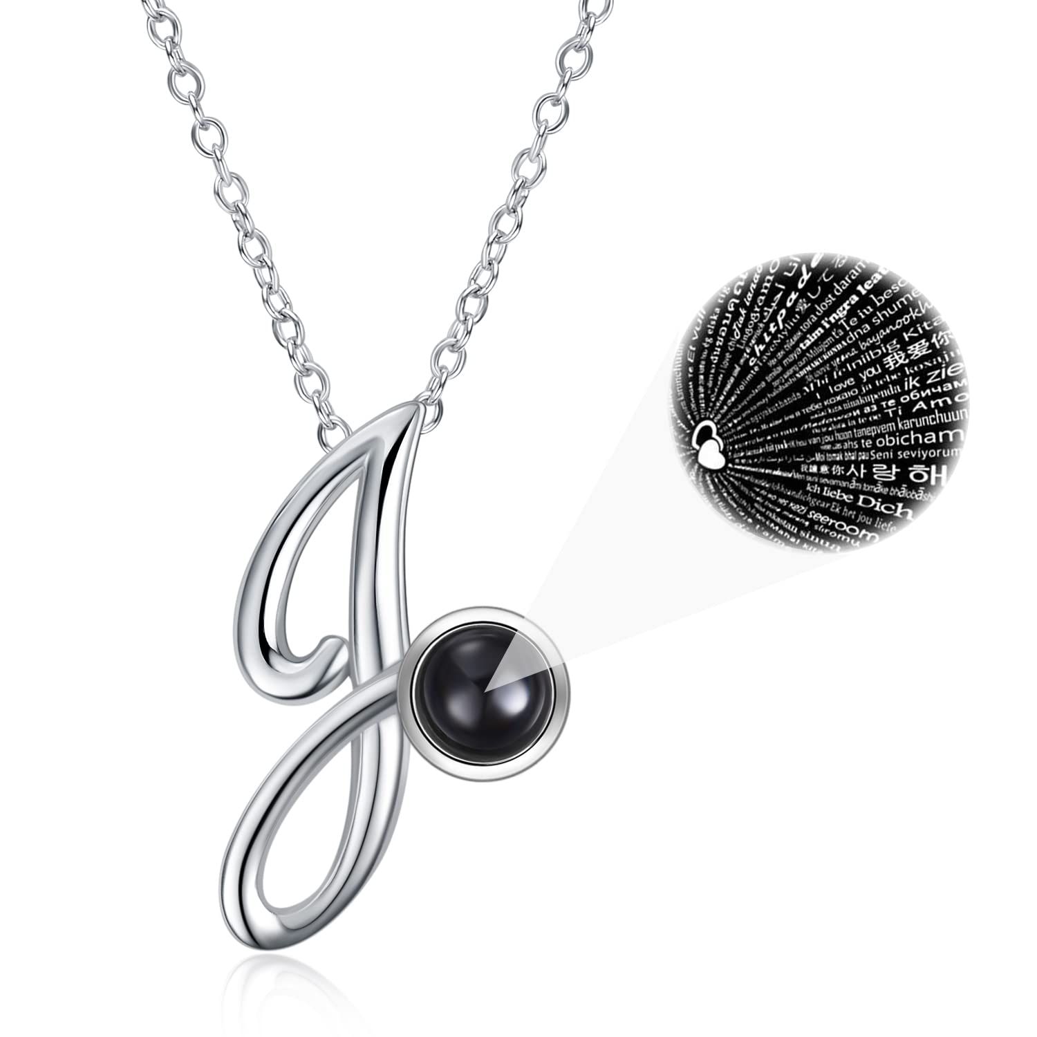 WINNICACA 100 languages I Love You Necklace Initial Letter J Sterling Silver Pendant for Christmas Gifts