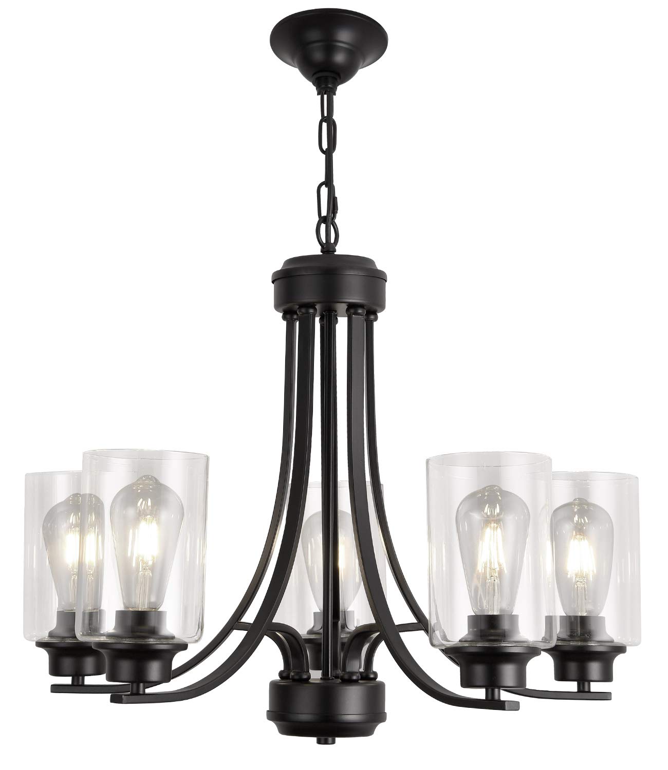 5 Light Contemporary Chandeliers with Clear Glass Shades Black Rustic Light Fixtures Ceiling Hanging Mid Century Modern Pendant Lighting, for Dining Room Foyer Bedroom Living Room