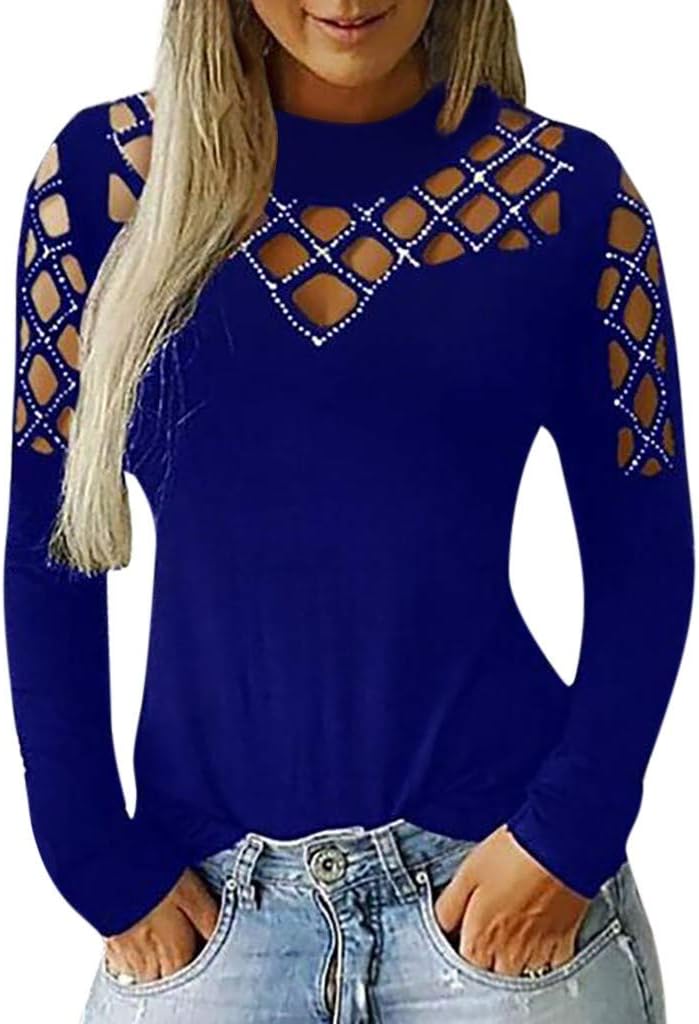 Womens Casual Openwork Tops AmyDong Ladies Long Sleeve Cut Hollow Out Rhinestone Casual T-Shirt Tunic Tops