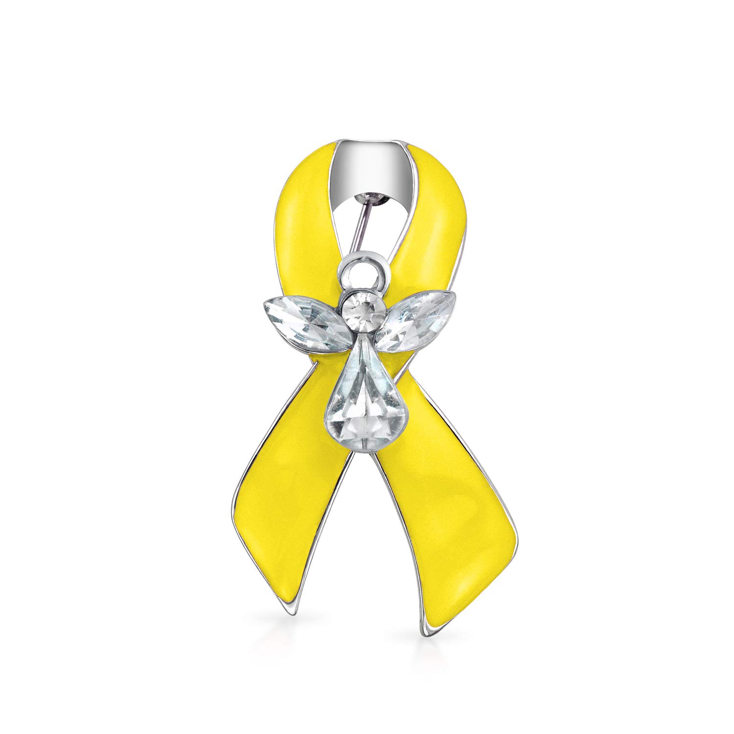 Yellow Ribbon Pin for Awareness and Support Military, Suicide Prevention, Missing Persons, Childhood Cancer Guardian Angel Crystal Brooch Lapel Pin For Women Enamel Silver Plated