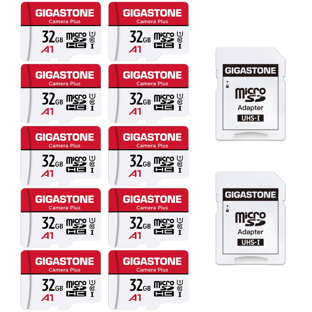 GIGASTONE 32GB 10-Pack Micro SD Card with 2x SD Adapter + 4x Mini-case, Camera Plus, Nintendo-Switch Compatible, High Speed 90MB/s, Full HD Video Recording, Micro SDHC UHS-I A1 Class 10