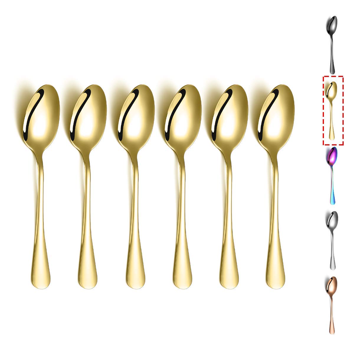 Gold Teaspoons, Kyraton 6 Pieces 14cm Stainless Steel Tea Spoons with Gold Titanium Plating, Ice Cream Spoons, Dessert Spoons, Coffee Spoons, Golden Spoons Silverware Pack of 6