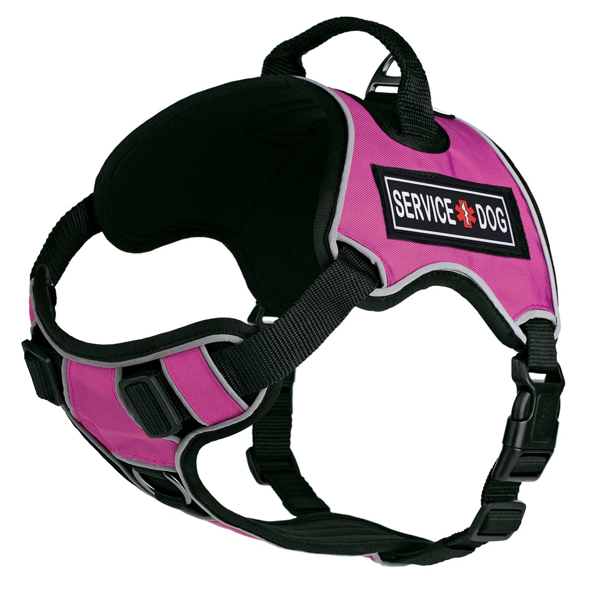 Dogline Quest No-Pull Dog Harness with 3D Rubber Service Dog Removable Patches Reflective Soft Comfortable Dog Vest with Quick Release Dual Buckles Black Hardware and Handle 32 to 40 inches Pink