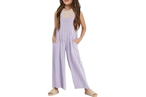 Haloumoning Girls Overalls Kids Casual Sleeveless Wide Leg Jumpsuit Loose Rompers with Pockets 5-14 Years