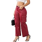 CALEBGAR Women's Faux Leather Pants Stretchy High Waisted Straight Wide Leg Baggy Cargo Pants Trousers with Pockets