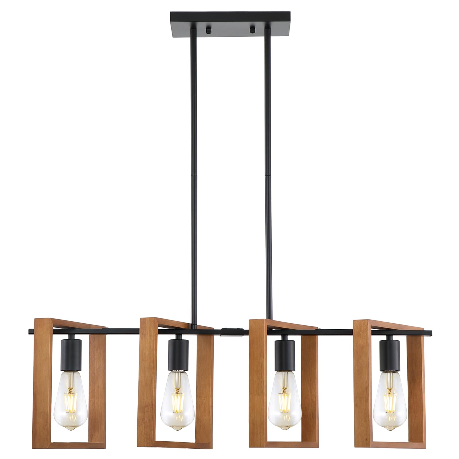 Photo 1 of 9MMML 4 Lights Island Light for Kitchen,Farmhouse Industrial Rectangle Pendant Light, Black Body+Wood Frame Vintage Chandelier for Dining&Living Room Pool Table Hallway Entryway Foyer,E26
