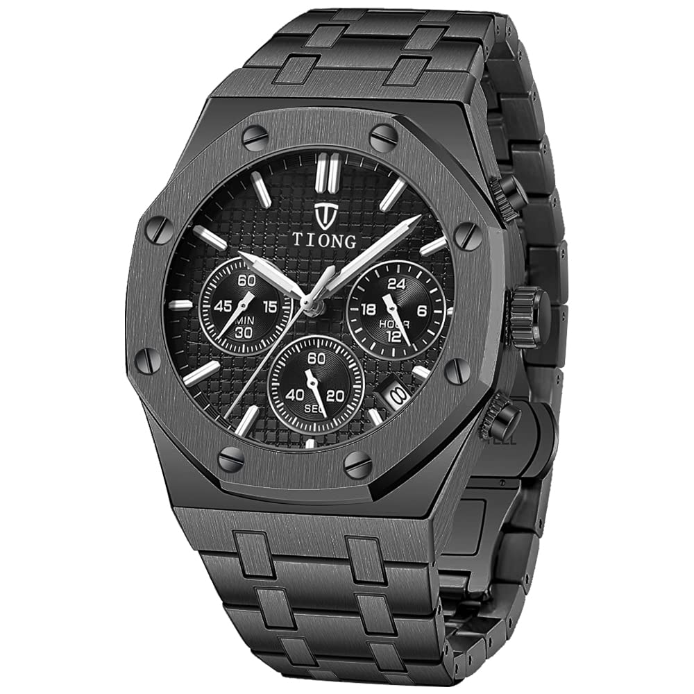 Tiong Men's Watch Chronograph Stainless Steel Waterproof Quartz Business Watch Men
