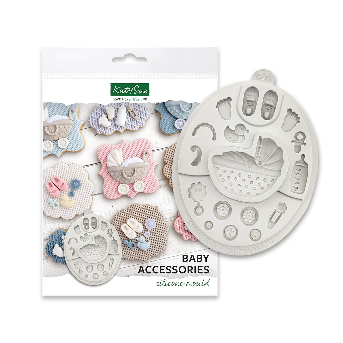 Katy Sue Baby Accessories Silicone Mould for Cake Decorating & Craft for Fondant, Sugar Paste, Gum Paste & Air Dry Clay from Katy Sue Designs Fondant Moulds. Central Pram is 55 x 47 millimetres