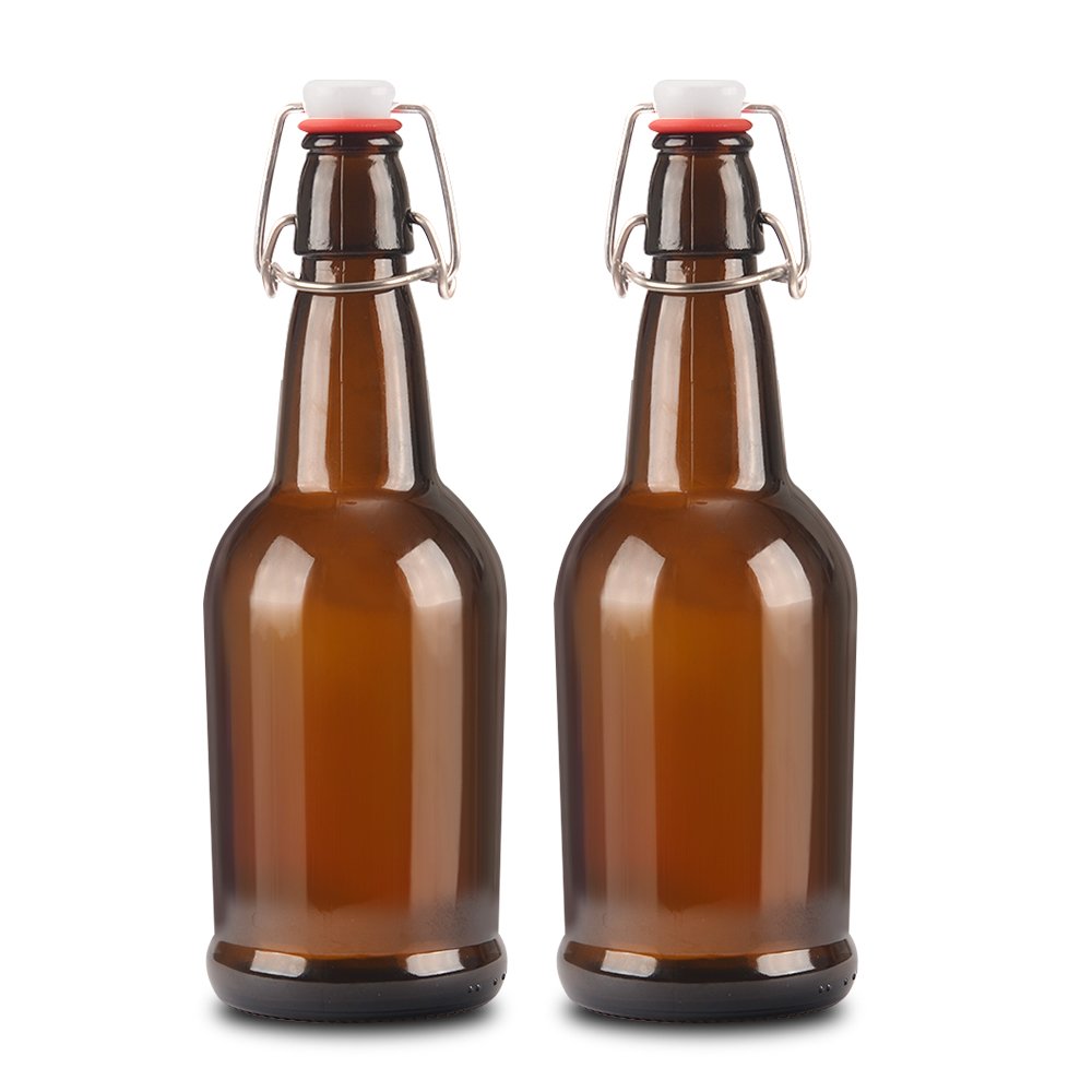 2 pack 16oz Amber Glass Beer Bottle Bottles with Easy Wire Swing Cap & Airtight Rubber Seal. Perfect for Home Brewing Wine.