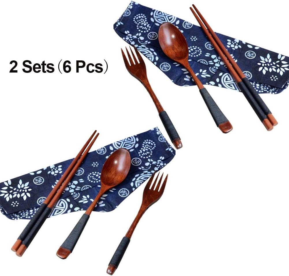 Japanese Wooden Chopsticks Spoon Fork Tableware 2sets（6pcs） New Gift (Brown, Two)