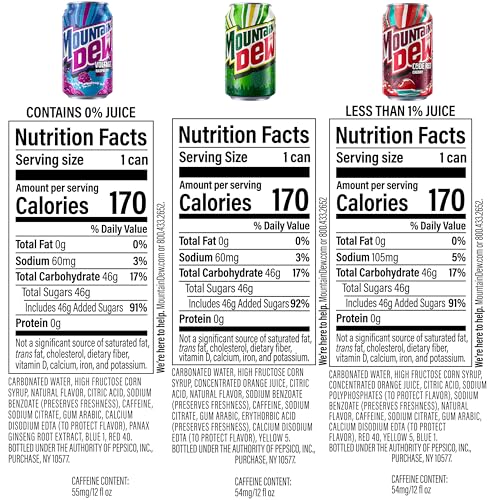 MOUNTAIN DEW 3 FLAVOR CORE VARIETY PACK (DEW, CODE RED, VOLTAGE), 12 FL OZ (PACK OF 18)
