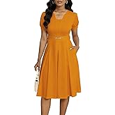Elainone Short Sleeve Fit and Flare Dress for Women with Pockets A Line Casual Church Wedding Guest Semi Formal Work Dresses
