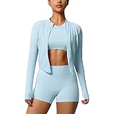 Workout Sets for Women 3 Piece Long Sleeve Zip Up Jacket, Shorts Crop Top, High Waisted Yoga Shorts Gym Athletic Sets Blue M