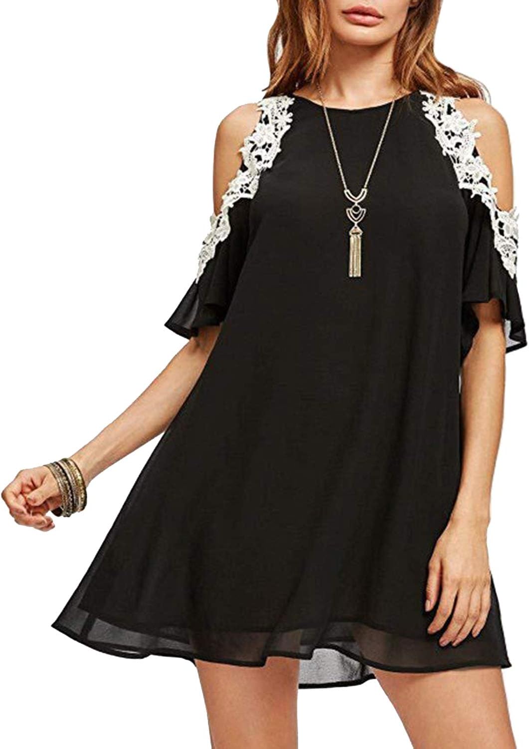 Glamaker Women's Summer Strap V Neck Chiffon Sleeveless Ruffle Loose Shirt Dress Tunic Tank Top