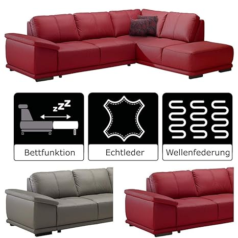 Cavadore Ecksofa Calypse mit Bett / Ledercouch mit Ottomane rechts / Modernes Design / 273 x 83 x 214 (BxHxT) / Leder und Kun