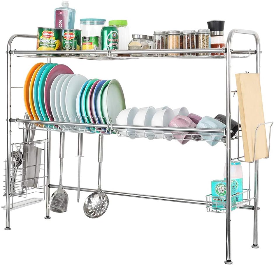 Over The Sink Dish Drying Rack, Large Premium Stainless Steel Dish Rack with Utensil Holder Hooks for Kitchen Counter Non-Slip