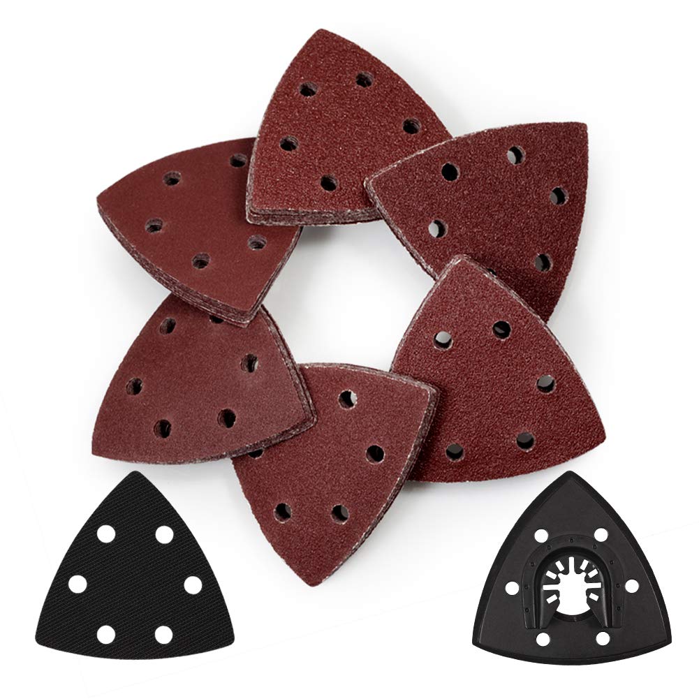 SPEEDWOX 62 Pcs 3-1/2 Inches 90mm Triangle Hook and Loop Sanding Discs with ABS Oscillating Sanding Pad Soft Sponge Cushion Buffer Pad Assorted 40/60/80/100/120/240 Grits Detail Sander Sandpaper