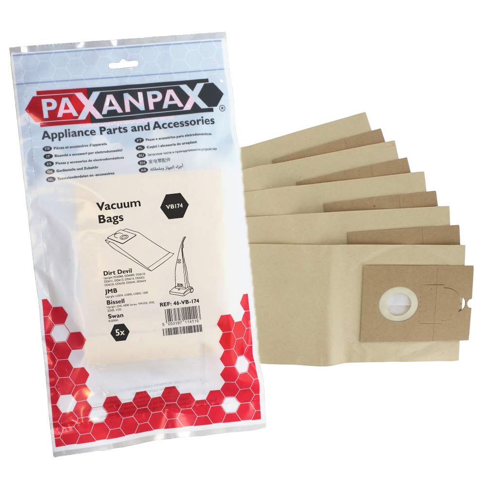 Paxanpax VB174 Compatible Paper Bags Dirt Devil Arion DD6060; Argos ProAction VC9330; JMB 800, 1200, 1400, U3000; Swan SU300H Series (Pack of 5)