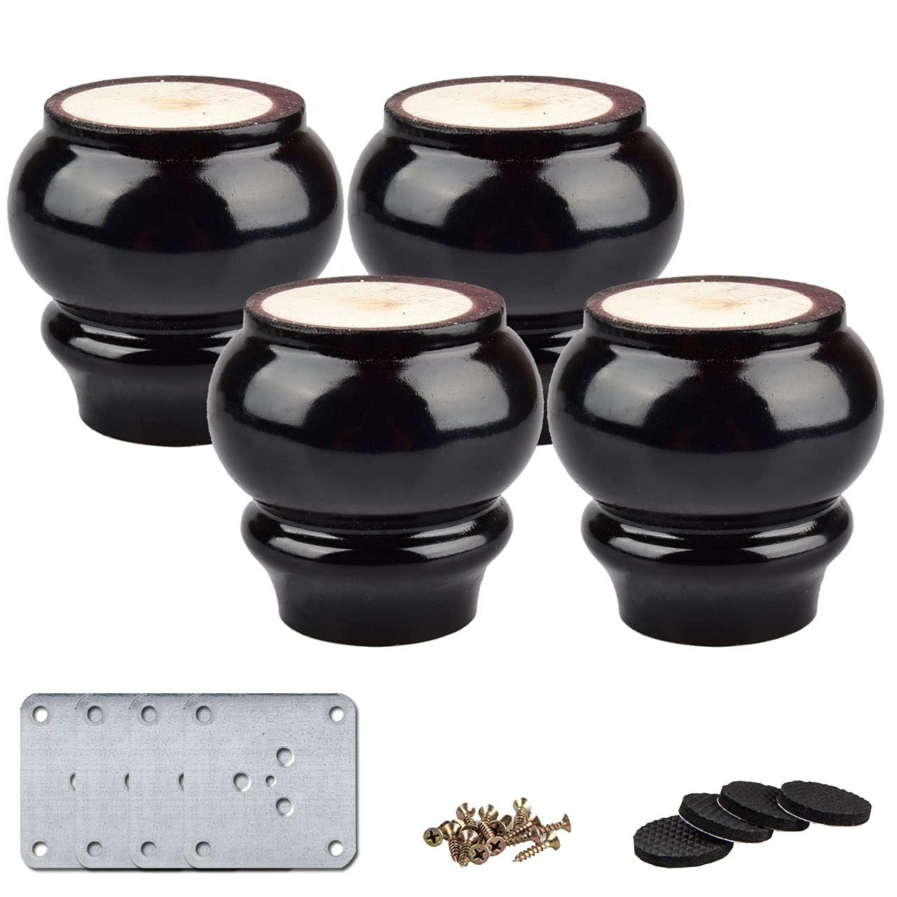 La Vane 3 inch / 8cm Wooden Furniture Legs, Set of 4 Mahogany Wood Round Gourd Replacement Bun Feet with Mounting Plate & Screws for Sofa Chair Loveseat Ottoman Cabinet