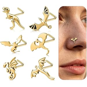 6ixGosh 6PCS Dragon Nose Stud Gothic Nostril Ring for Women Men | 316L Surgical Stainless Steel, Fantasy Punk Piercing Jewelr