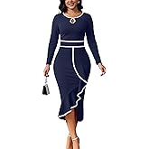 Women's Church Dresses Long Sleeve Work Business Party Dress Bodycon Vintage Wrap Ruffle Midi Pencil Dress