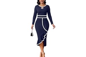 ZONJIE Women's Church Dresses Long Sleeve Work Business Party Dress Bodycon Vintage Wrap Ruffle Midi Pencil Dress