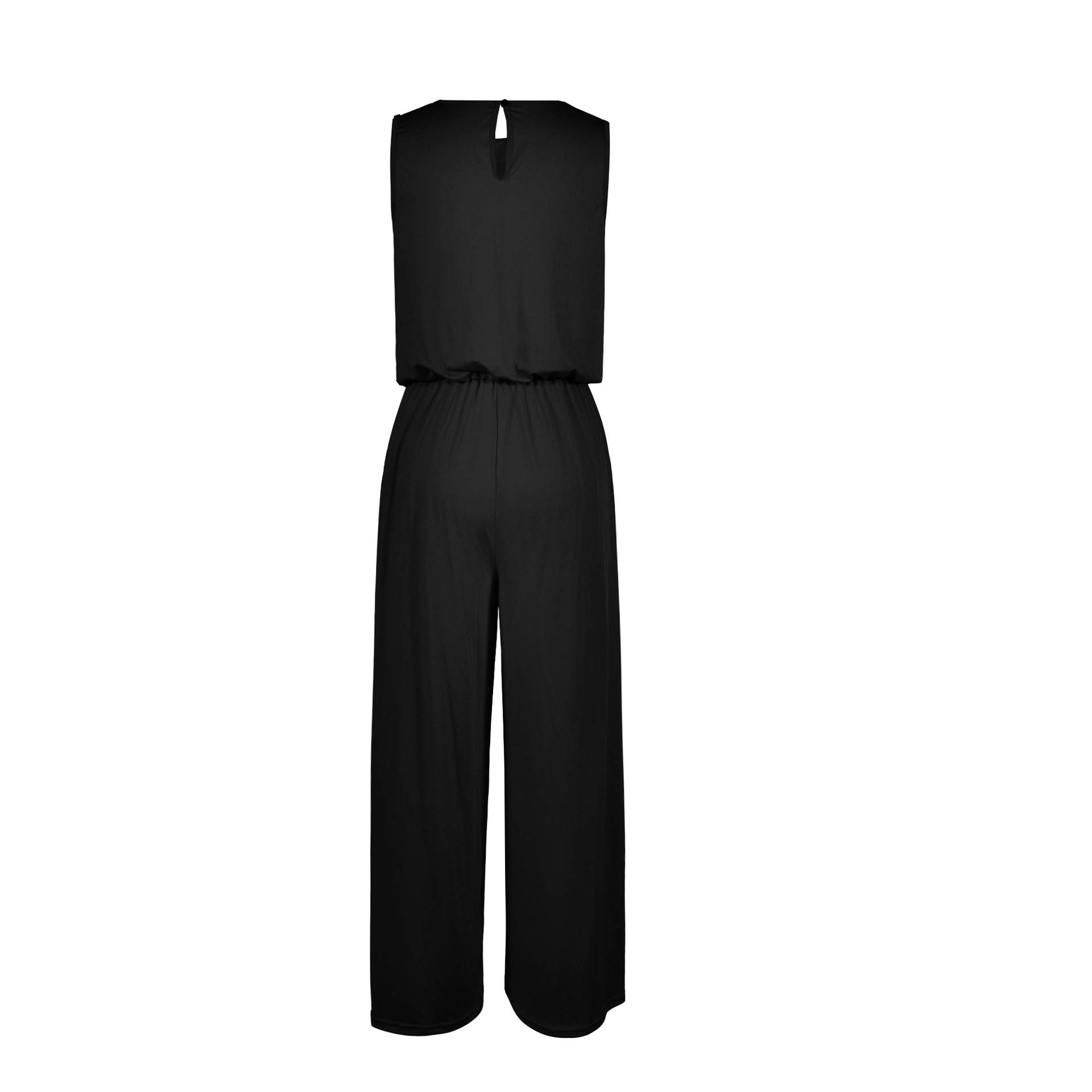 Annystore Women\'s Sleeveless Drawstring Waist Loose Wide Legs Casual Black Jumpsuits Romper with Pockets S