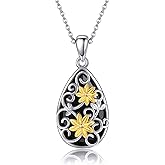 ONEFINITY Black Onyx Necklace Sterling Silver Filigree Flower Black Onyx Pendant Necklace Natural Onyx Jewelry For Women
