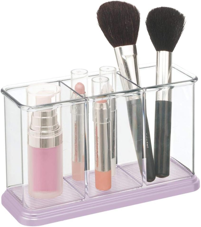 mDesign Plastic Makeup Organizer Caddy Bin with 3 Sections for Bathroom Vanity Countertops or Cabinet: Stores Makeup Brushes, Eye and Lip Pencils, Lipstick, Lip Gloss, Concealers - Clear/Purple