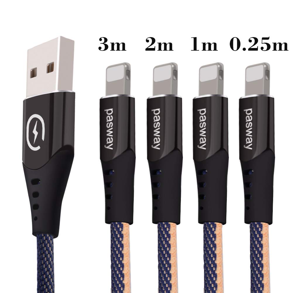 Pasway Cable iPhone, Paquete de 4 [0.25M+1M+2M+3M] Trenzado 3.0A USB Cable de Carga y sinc rápido Compatible con i Phone XS MAX XR X 8 8 Plus 7 7 Plus 6s 6s Plus 6 6 Plus iPad