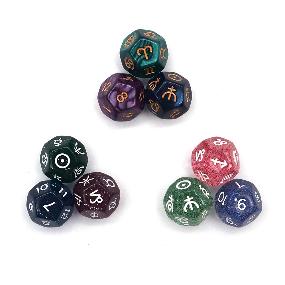 DollaTek 3 Sets of 9Pieces Multicolor 12 Sided Resin Dice Astrology Tarot Constellation Divination