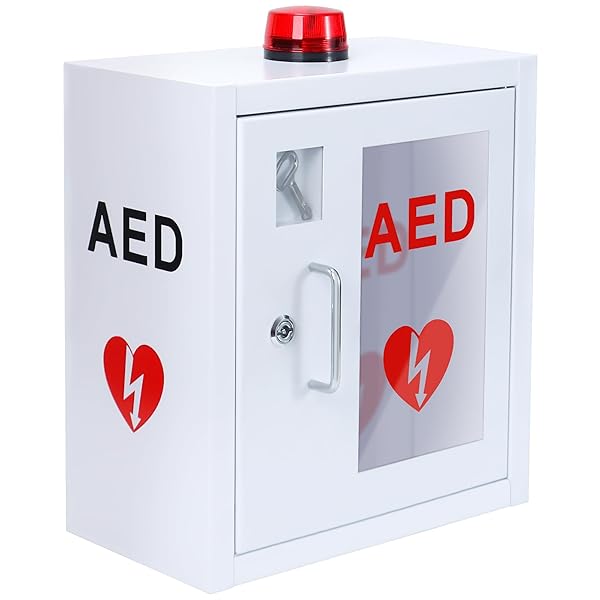 LIKOM AED CABINET, FIRST AID DEFIBRILLATOR WALL MOUNTED STORAGE CABINET STAINLESS STEEL SNAP LOCK FITS ALL BRANDS CARDIAC SCIENCE W/ALARM AND LIGHT 14 X 7.9 X 15.8 INCH