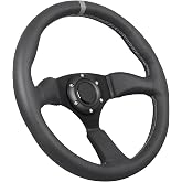 GONMOT 350mm Gray Stripe Racing Steering Wheel Black Genuine Leather Grip | 6 Bolts Sport Steering Wheel with Horn Button Gray Stitching