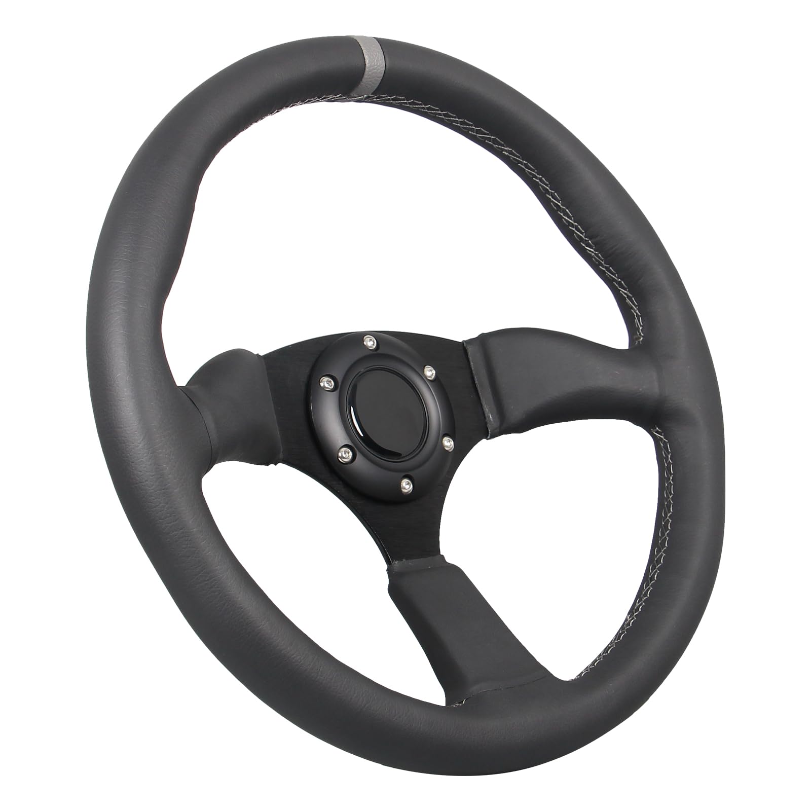 Photo 1 of 350mm Gray Stripe Racing Steering Wheel 6 Bolts Black Leather Grip Brushed Black Anodized Spoke with Horn Button