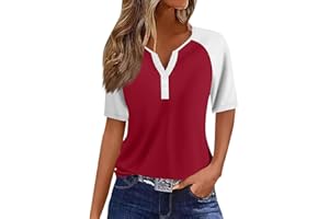 COTECRAM Womens Tops Summer Casual Striped Color Block Short Sleeve Button V Neck Blouses Spring Dressy Loose Fit T Shirts