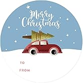 Andaz Press Christmas Round Circle Gift Sticker Labels, Vintage Red Carry Carrying Christmas Tree on Snow, Merry Christmas to from, 40-Pack, Stationery Packaging Envelope Letter Label
