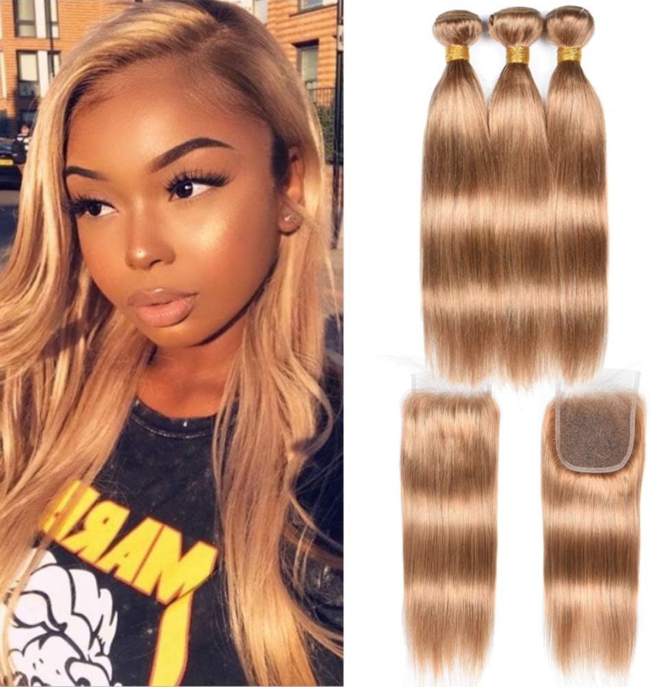 WOME Peruvian Silky Straight Human Hair Color #27 Hair Bundles with Lace Closure Honey Blonde Bundles with Closure Double Wefts Hair Weaves Extensions(14 16 18+14Closure, 27#)