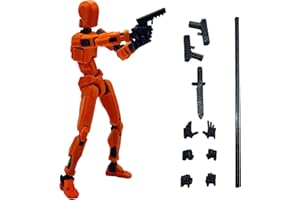 QAONIE (Assembly Completed) 3D Printed 5.54-inch Movable Robot Dummy13, Full Body Mechanical Doll, Hand Painted Figures, Desk Decoration, Creative Gifts(2gun, 1stick, 1knife) (Orange)